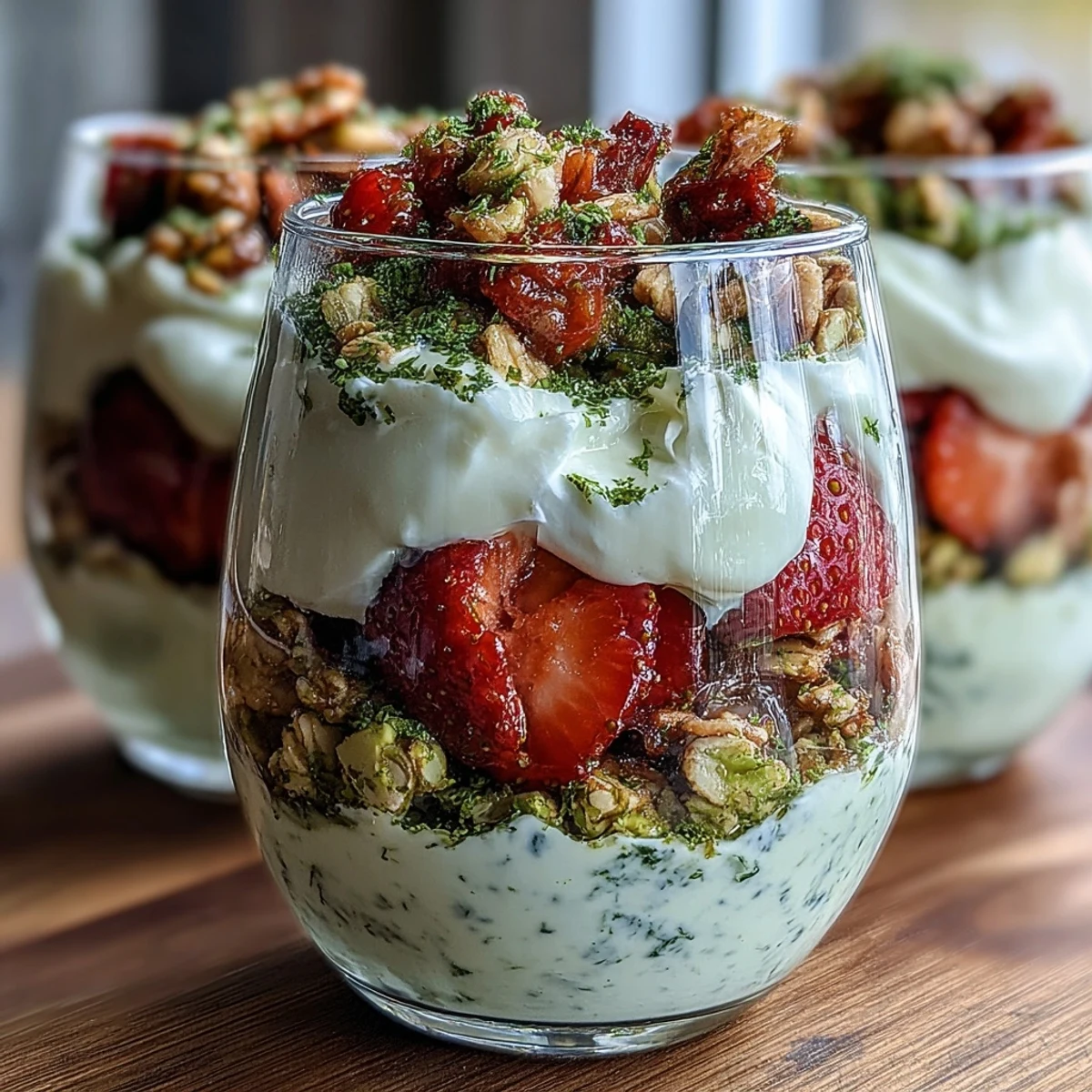 Vibrant pistachio and strawberry breakfast parfait with layers of creamy yogurt, fresh berries, and crunchy granola in clear glasses.