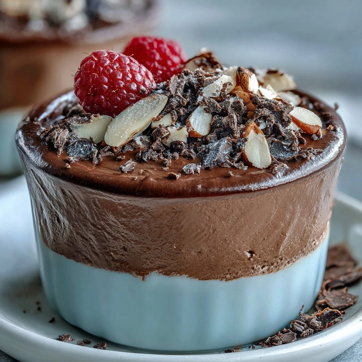 Creamy high-protein chocolate cottage cheese mousse cups topped with fresh berries and dark chocolate shavings.  