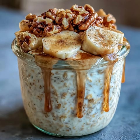 Creamy banana bread overnight oats with walnuts, topped with fresh banana slices and a drizzle of maple syrup in a glass jar.