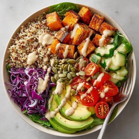 Imagine this Quinoa Buddha Bowl, with tender sweet potato cubes and a luscious tahini drizzle over fresh greens.