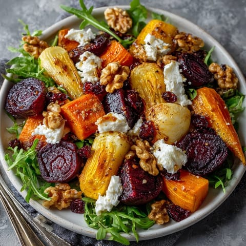 Close-up of a colorful Roasted Root Vegetable Harvest Salad, perfect for a fall meal.