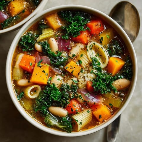 Close-up of the rich Winter Vegetable Minestrone: imagine the savory broth and tender white beans.