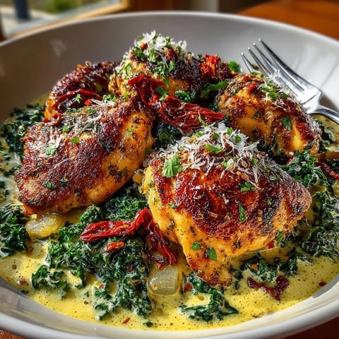 This creamy Tuscan Chicken features kale wilted in a rich sauce, perfect for a comforting, easy dinner.
