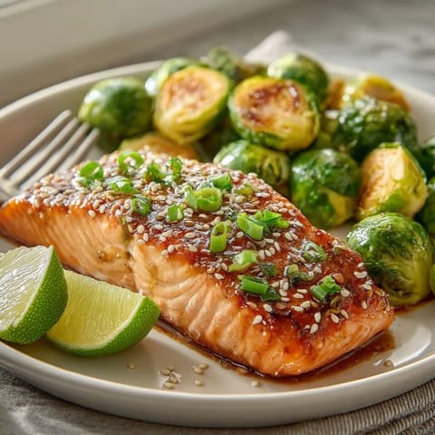 Golden-brown Brussels sprouts nestle beside glazed Sheet Pan Teriyaki Salmon, ready to serve.