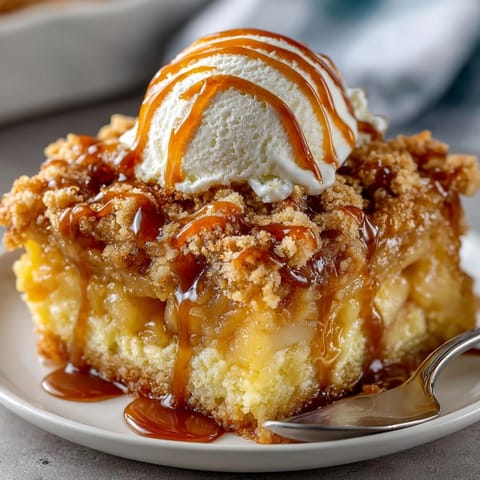 A close-up of a warm Caramel Apple Dump Cake, showing gooey caramel and buttery cake topping.