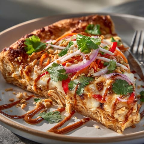 Sliced Thai Peanut Chicken Pizza on a wooden board, topped with cilantro, peanuts, and crisp vegetables