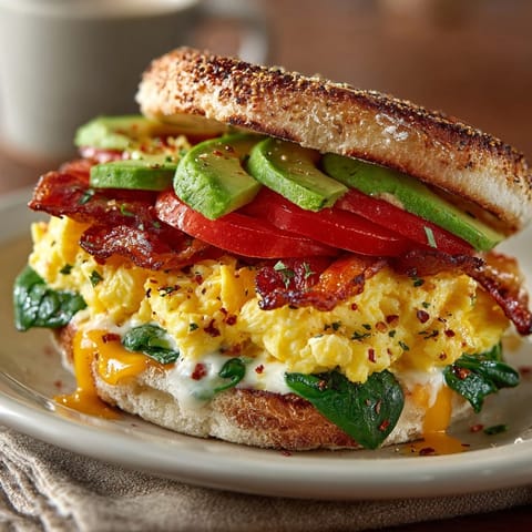 Warm breakfast sandwich with avocado, cheddar cheese, and bacon, perfect for a hearty morning meal.