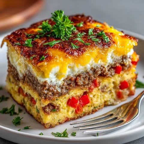 Hearty breakfast casserole with hash browns, sausage, and bell peppers served hot for a crowd.