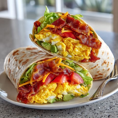 An Avocado BLT Breakfast Wrap, bursting with fresh ingredients, ready to be enjoyed.