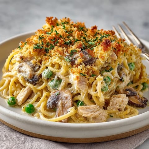 Creamy Turkey Tetrazzini Casserole, loaded with spaghetti, mushrooms, and peas, smells delightfully cheesy.