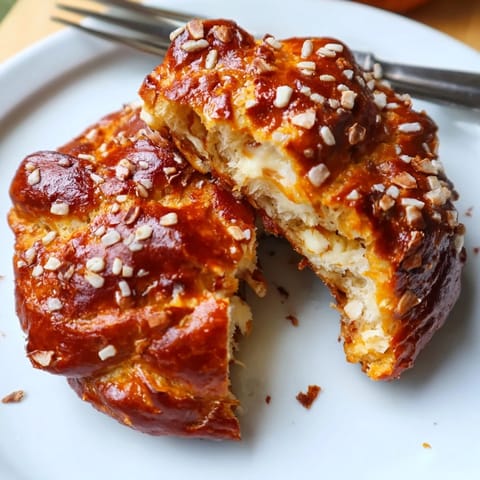 Savory cream cheese pretzel drop scones, warm and golden, served with mustard dip.  