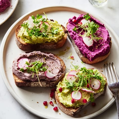 Colorful Bright & Bold Breakfast Toasts drizzled with olive oil and topped with pomegranate seeds.  