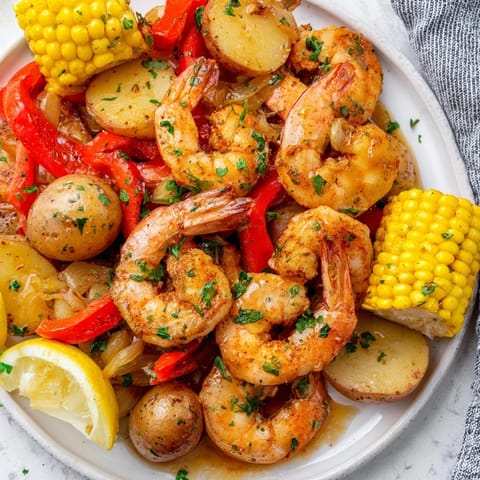 Spicy Cajun shrimp & sweet corn served on a festive summer platter.  