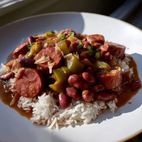Hearty Red Beans & Rice: flavorful, smoky beans with rice, garnished and ready to be enjoyed.