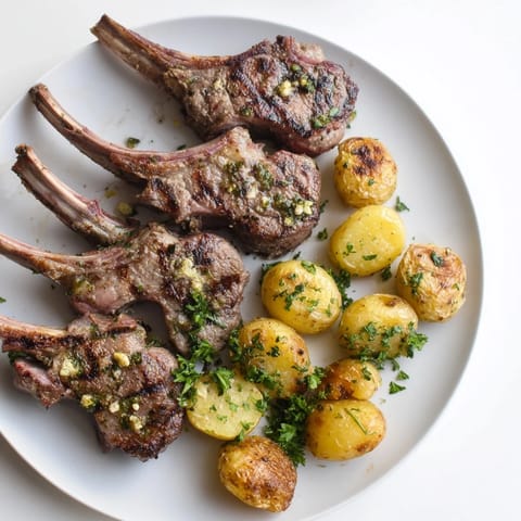 Sizzling herbed lamb chops alongside golden-brown, flavorful roasted potatoes, a delectable meal.