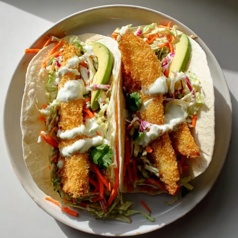 Warm, griddled tortillas holding delicious crispy fish tacos and a creamy slaw topping.