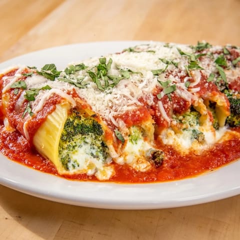 A close-up of baked Cozy Broccoli Stuffed Manicotti, showing the creamy broccoli filling inside.