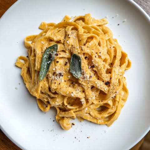 This delicious Healthy Creamy Pumpkin Sage Holiday Pasta bursts with flavors of sage and creamy pumpkin, ready to eat!