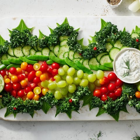 Festive Holly Leaf Veggie Board: crunchy broccoli, colorful peppers, and creamy dip ready to enjoy.