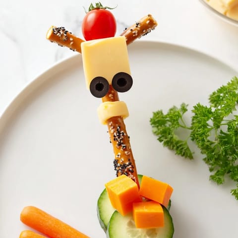 A delicious close-up of the fun Long-Necked Giraffe Snack Tower, featuring pretzel neck and cheese spots.