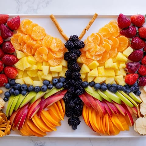 A visually stunning Monarch Magic Fruit Butterfly Tray, bursting with fresh, colorful fruit and delicious flavors.