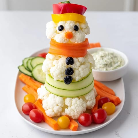 Festive Snowman Crudités with Dip, a creative and vibrant arrangement of fresh vegetables perfect for kids.