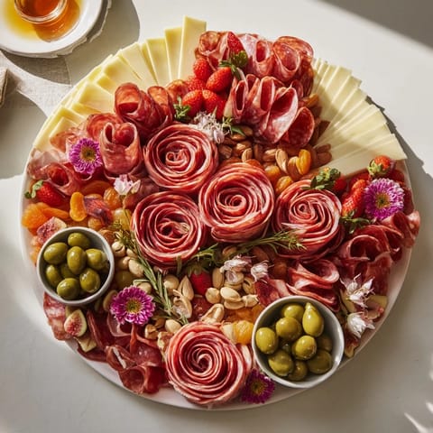 Artistic Meat and Cheese Rose Garden Board appetizer, featuring salami roses with fresh fruits and nuts.