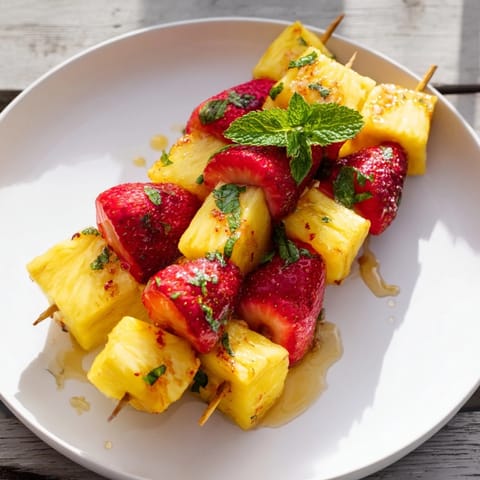 Beautifully arranged fruit skewers showcasing bright chunks of pineapple and sweet strawberry halves.