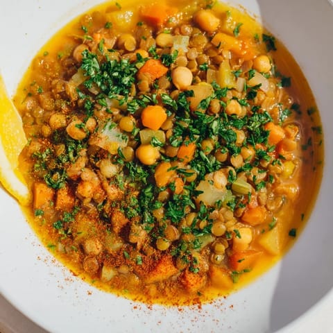 Savory Middle Eastern lentil and chickpea stew, full of tender lentils and chickpeas, ready to enjoy.