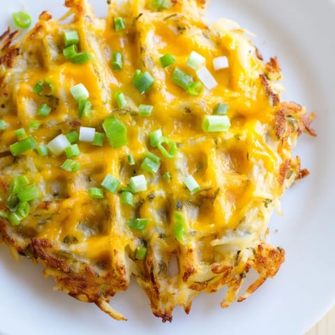 Savory and cheesy, these homemade hash brown waffles are loaded with cheddar and fragrant green onions.
