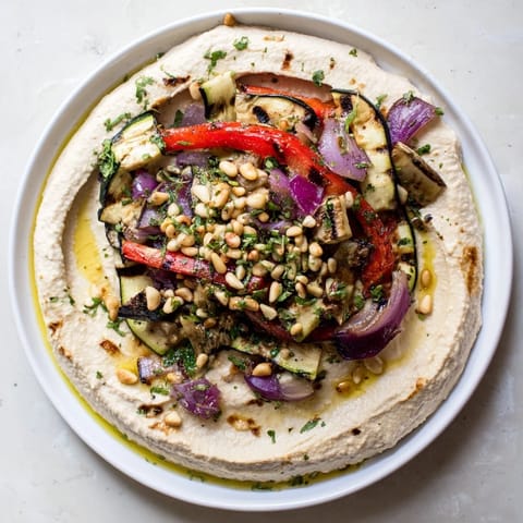 A beautiful close-up of hummus roasted veggies garnished with toasted pine nuts and fresh parsley, delicious!