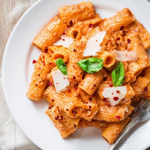 Steam rises from the bowl of spicy rigatoni pasta, highlighting the rich red tomato sauce and creamy texture.