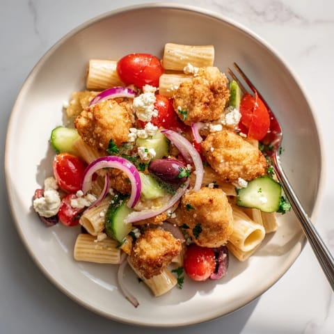Crispy Chicken Greek Pasta combines flavorful, herb-crusted chicken with a vibrant, zesty vegetable topping for serving.