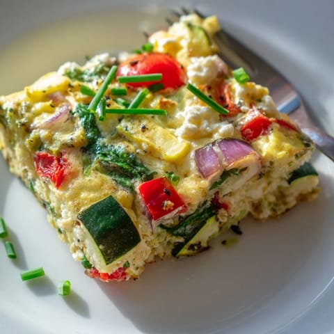 A golden-brown slice of High-Protein Sheet Pan Eggs With Cottage Cheese and Veggies served on a white plate.  