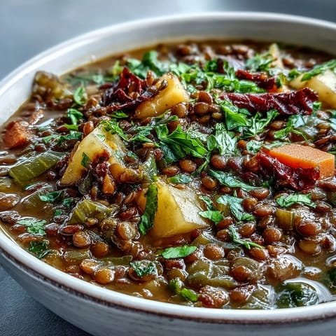 A hearty bowl of Vegetarian Lentil Stew filled with tender lentils, vibrant carrots, and wilted kale for a cozy dinner.