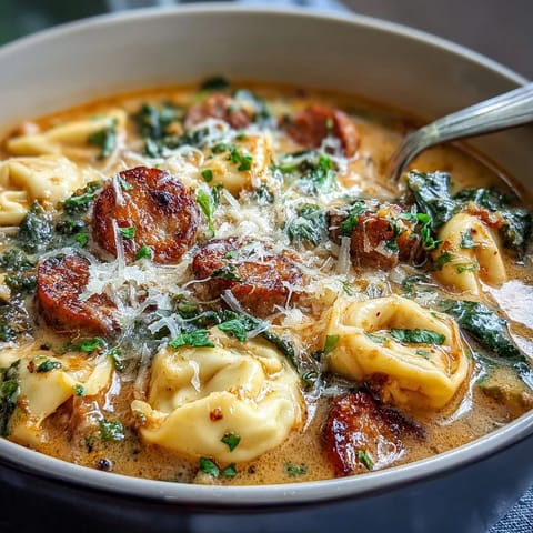 Creamy Pumpkin Tortellini Soup with Chicken Sausage and Kale served steaming in a rustic bowl.