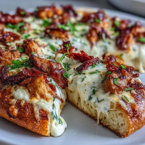 A close-up of Marry Me Chicken Pizza reveals bubbling mozzarella and a rich, herb-infused sauce on a rustic, golden-baked base.  