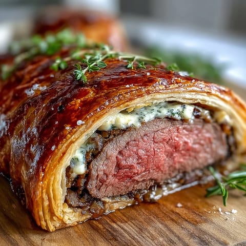 A classic Beef Wellington plated with roasted potatoes and a drizzle of rich red wine sauce, ideal for a festive holiday dinner.  