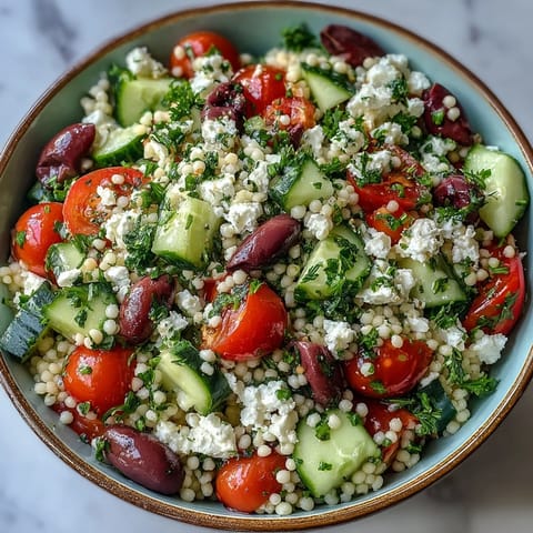Fresh Mediterranean Pearl Couscous salad with feta and chopped parsley in a white bowl.