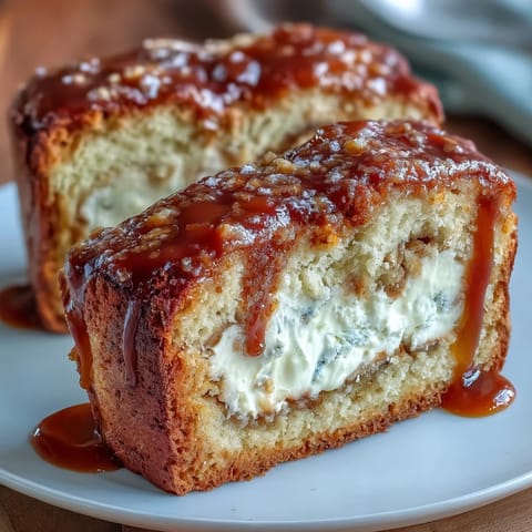 A close-up slice of Caramel Cream Cheese Bread reveals a rich cream cheese filling and sweet caramel ribbon on a marble board.