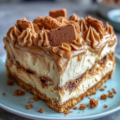 Close-up of a slice of Decadent Baked Biscoff Cake with Creamy Lotus Frosting, highlighting the velvety frosting and cookie crumble garnish. 