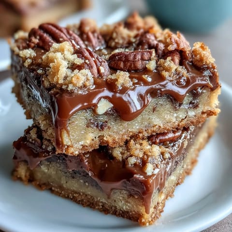 Decadent Sweet and Chewy Turtle Bars with Chocolate and Caramel topped with gooey drizzle and toasted pecans on a wooden cutting board.