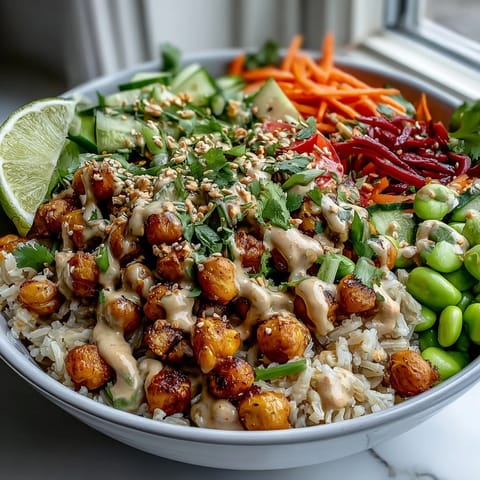 A close-up of a Peanut Chickpea Protein Bowl with a creamy peanut sauce drizzled over crunchy vegetables and chopped roasted peanuts for texture.