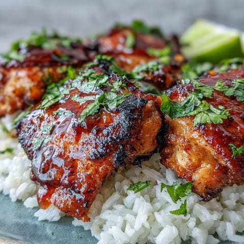 Juicy baked Spicy Maple Chicken served over aromatic coconut rice, garnished with fresh cilantro and lime wedges on a rustic plate.