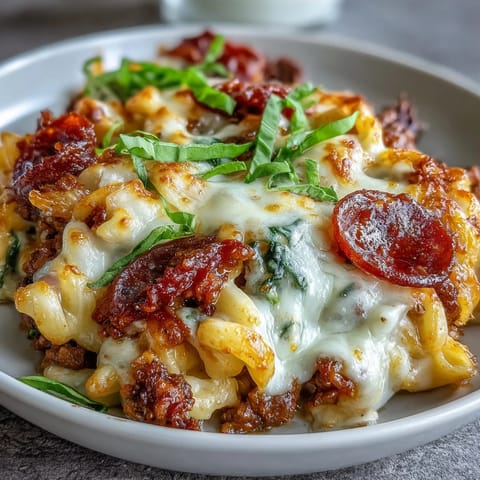 Sliced High-Protein Pizza Pasta Bake served on a white plate, revealing creamy yogurt-cheese sauce and hearty ground beef inside.