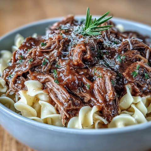 A hearty bowl of slow-cooked Crockpot French Onion Pot Roast Pasta topped with melted Gruyère and fresh parsley garnish.