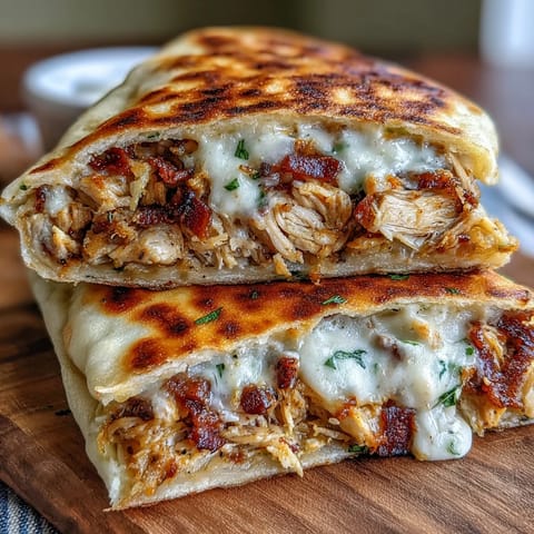 Golden-brown grilled Ranch Crack Chicken Stuffed Naan with melted cheddar and crispy bacon bits on a wooden board.