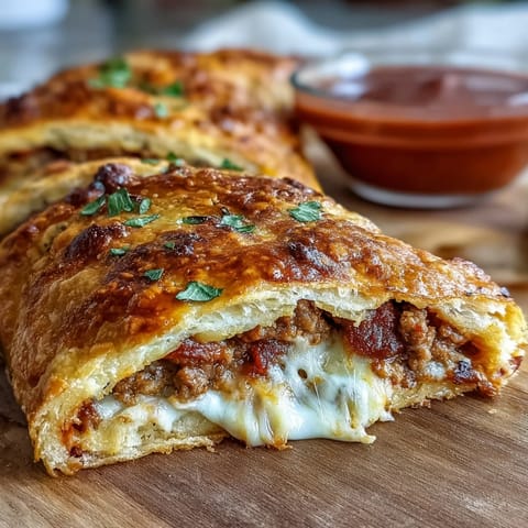 Freshly baked Baked High-Protein Pepperoni Stromboli with golden, flaky crust on a wooden cutting board, sliced to show layered beef and mozzarella filling.