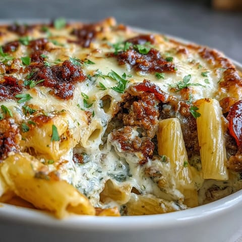 Golden, bubbly High-Protein Pizza Pasta Bake fresh from the oven in a baking dish.