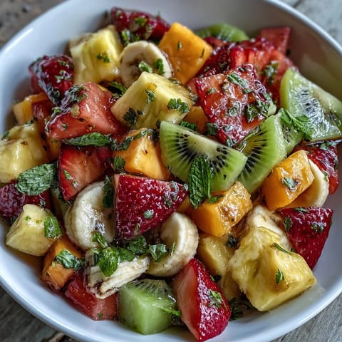 Tropical Fruit Salad with Mint Lime Dressing glistens in a white bowl, featuring diced pineapple, mango, and papaya with fresh mint garnish.